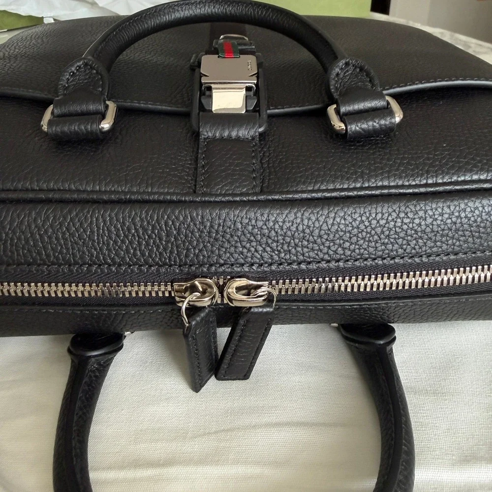 Gucci Men's 816767 Black Webbing-Trimmed Full-Grain Leather Briefcase, NWT